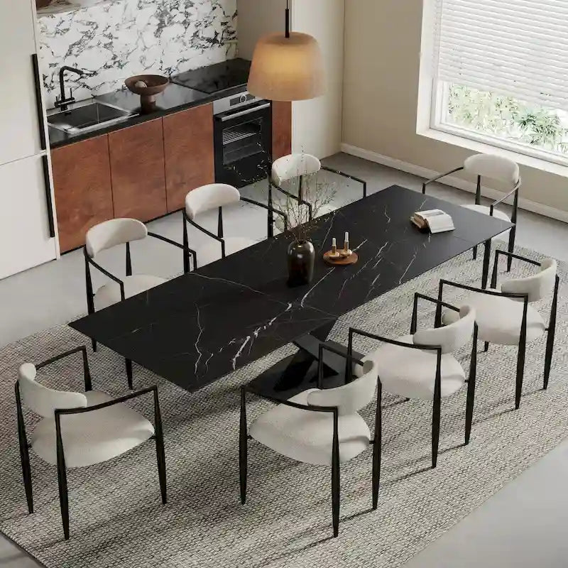 9 - Piece 94.48  Modern Minimalist Extendable Sintered Stone Top Dining Set with 8 Fabric Chairs