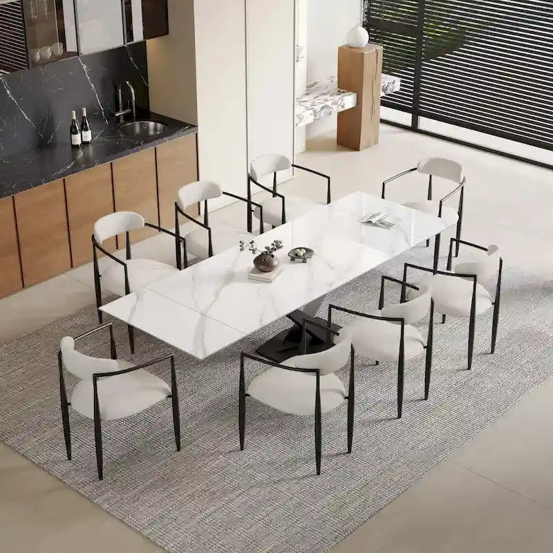 9 - Piece 94.48  Modern Minimalist Extendable Sintered Stone Top Dining Set with 8 Fabric Chairs