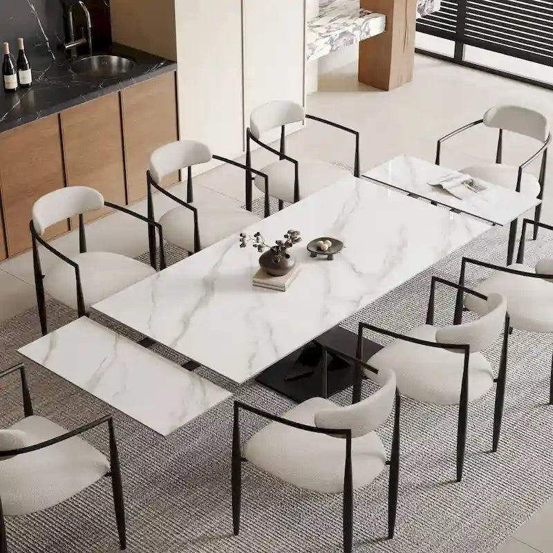 9 - Piece 94.48  Modern Minimalist Extendable Sintered Stone Top Dining Set with 8 Fabric Chairs