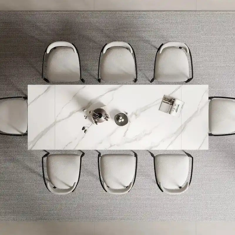 9 - Piece 94.48  Modern Minimalist Extendable Sintered Stone Top Dining Set with 8 Fabric Chairs