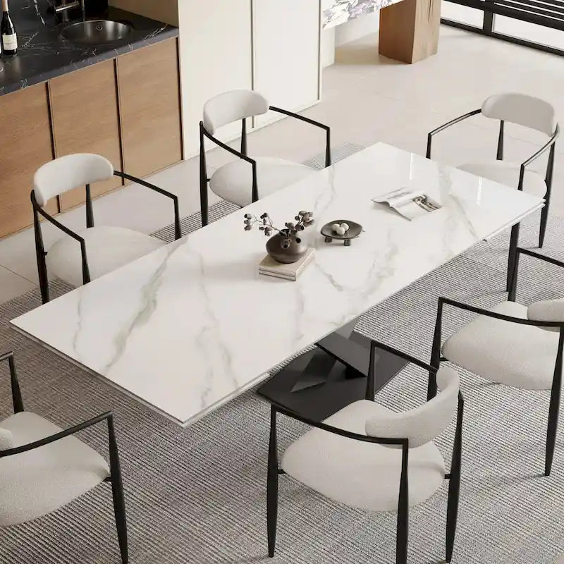 9 - Piece 94.48  Modern Minimalist Extendable Sintered Stone Top Dining Set with 8 Fabric Chairs