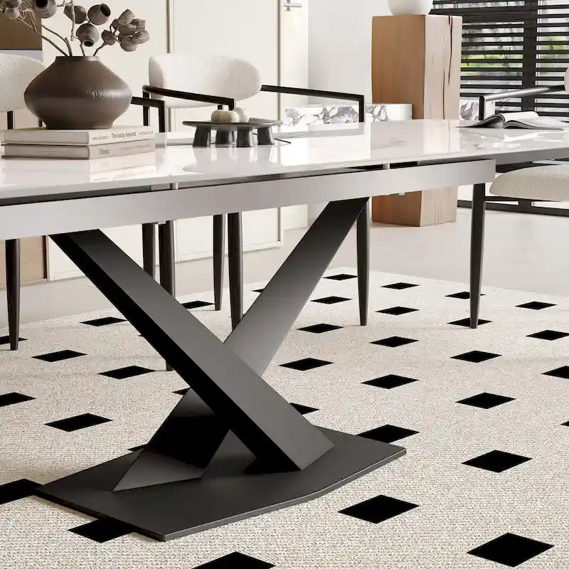 9 - Piece 94.48  Modern Minimalist Extendable Sintered Stone Top Dining Set with 8 Fabric Chairs