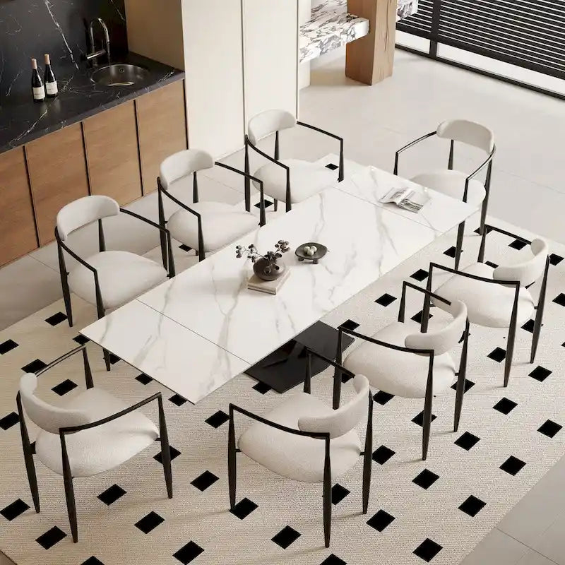 9 - Piece 94.48  Modern Minimalist Extendable Sintered Stone Top Dining Set with 8 Fabric Chairs