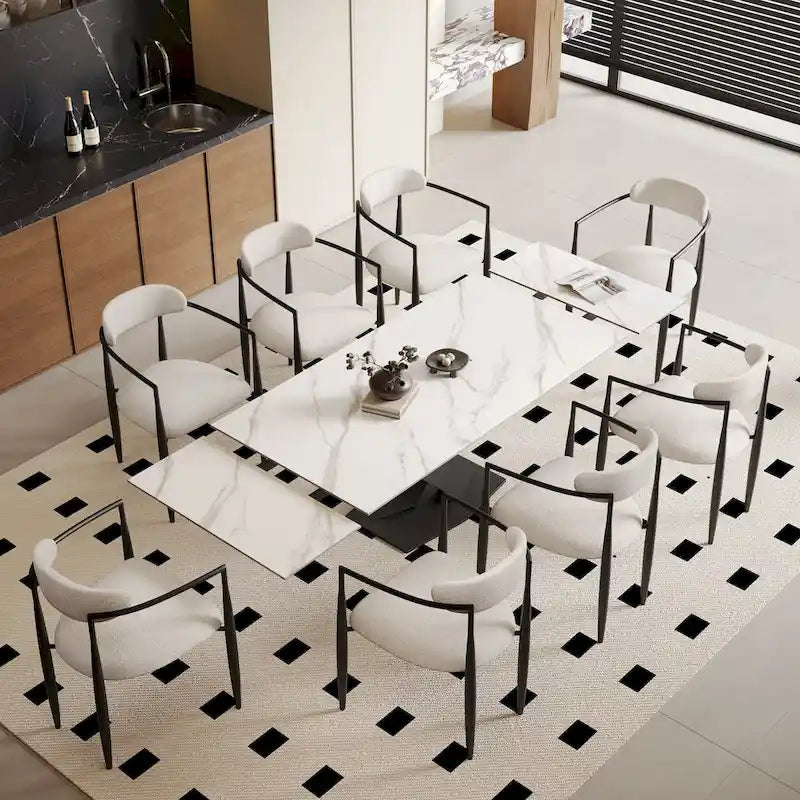 9 - Piece 94.48  Modern Minimalist Extendable Sintered Stone Top Dining Set with 8 Fabric Chairs