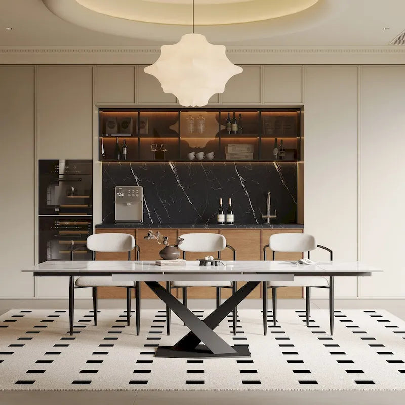 9 - Piece 94.48  Modern Minimalist Extendable Sintered Stone Top Dining Set with 8 Fabric Chairs