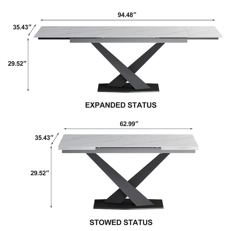 9 - Piece 94.48  Modern Minimalist Extendable Sintered Stone Top Dining Set with 8 Fabric Chairs