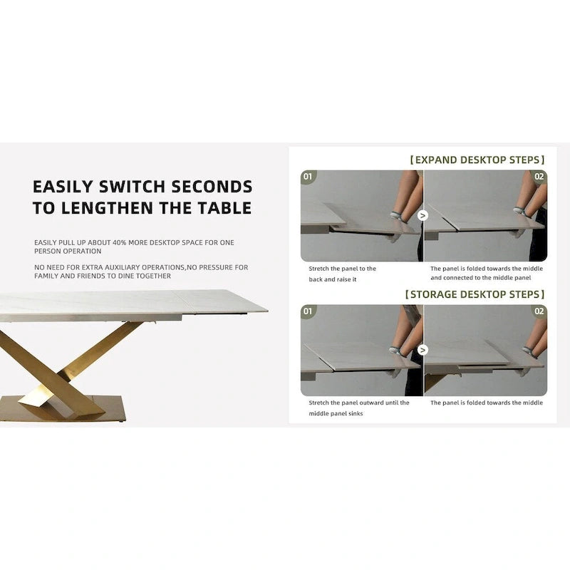 9 - Piece 94.48  Modern Minimalist Extendable Sintered Stone Top Dining Set with 8 Fabric Chairs