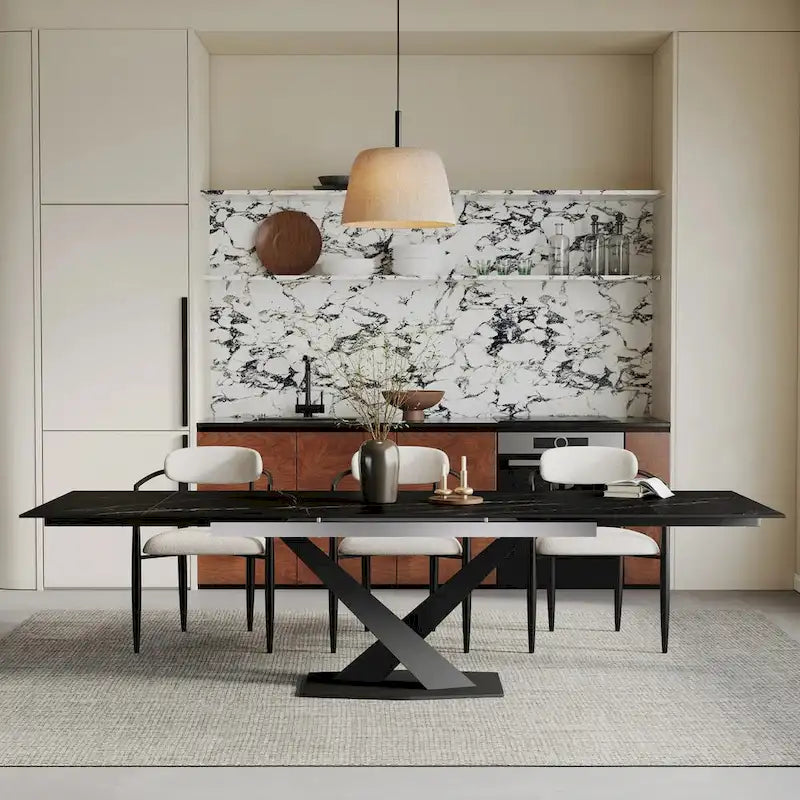 9 - Piece 94.48  Modern Minimalist Extendable Sintered Stone Top Dining Set with 8 Fabric Chairs