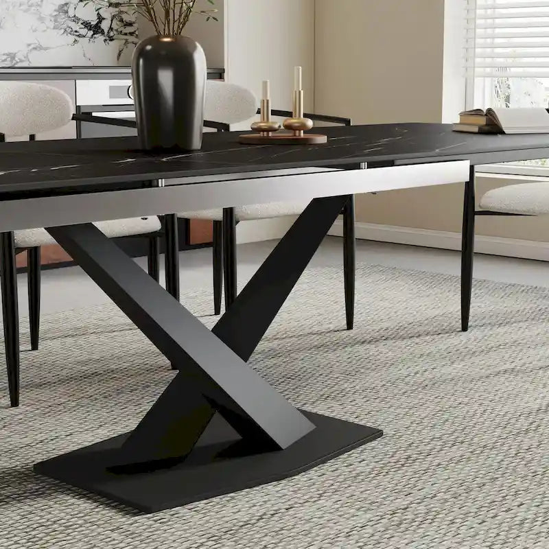 9 - Piece 94.48  Modern Minimalist Extendable Sintered Stone Top Dining Set with 8 Fabric Chairs