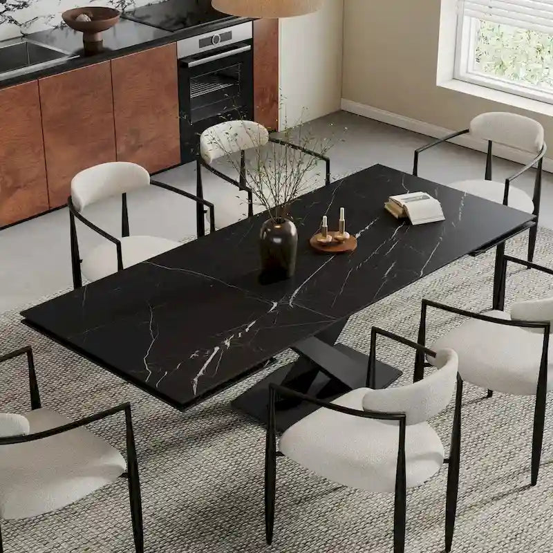 9 - Piece 94.48  Modern Minimalist Extendable Sintered Stone Top Dining Set with 8 Fabric Chairs