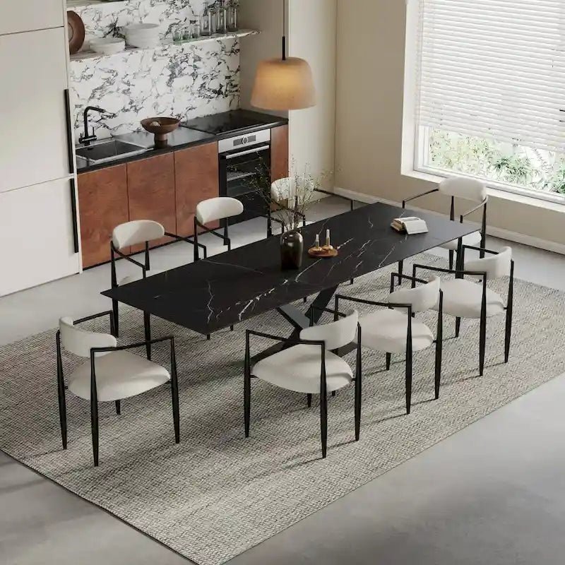 9 - Piece 94.48  Modern Minimalist Extendable Sintered Stone Top Dining Set with 8 Fabric Chairs