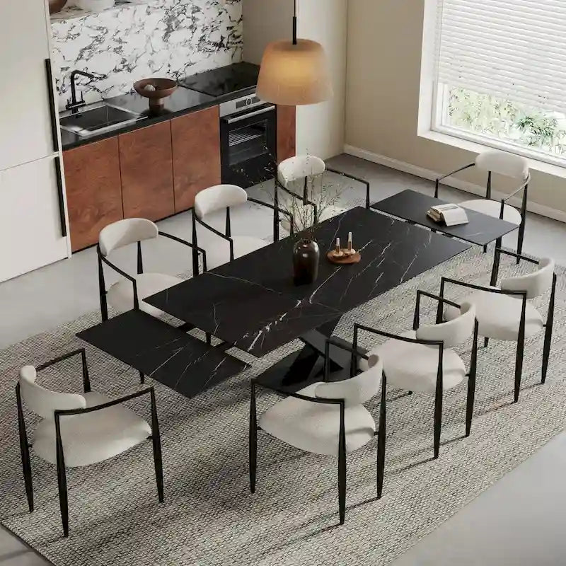 9 - Piece 94.48  Modern Minimalist Extendable Sintered Stone Top Dining Set with 8 Fabric Chairs