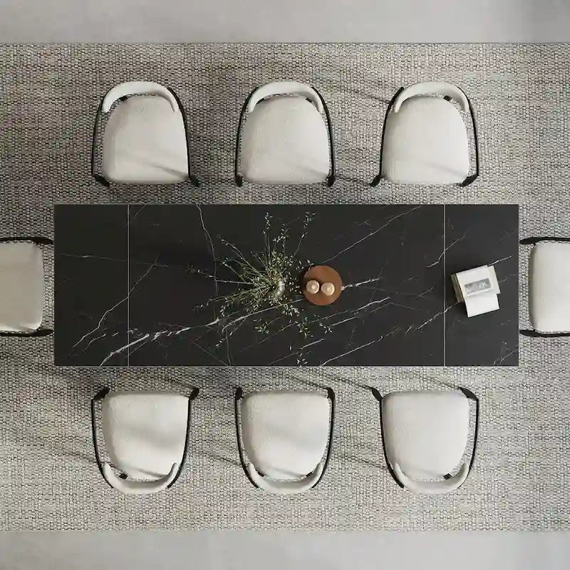 9 - Piece 94.48  Modern Minimalist Extendable Sintered Stone Top Dining Set with 8 Fabric Chairs