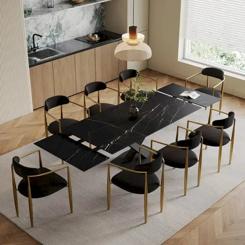 9 - Piece 94.48  Modern Minimalist Extendable Sintered Stone Top Dining Set with 8 Fabric Chairs