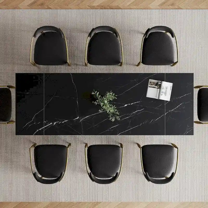 9 - Piece 94.48  Modern Minimalist Extendable Sintered Stone Top Dining Set with 8 Fabric Chairs