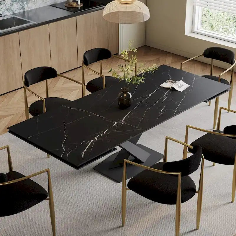 9 - Piece 94.48  Modern Minimalist Extendable Sintered Stone Top Dining Set with 8 Fabric Chairs