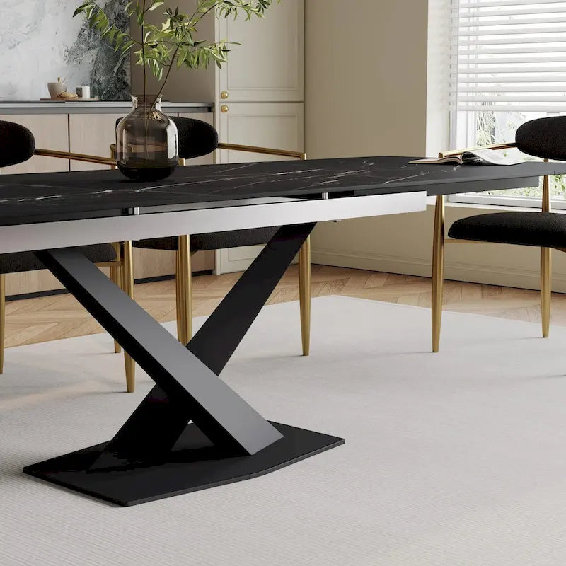 9 - Piece 94.48  Modern Minimalist Extendable Sintered Stone Top Dining Set with 8 Fabric Chairs