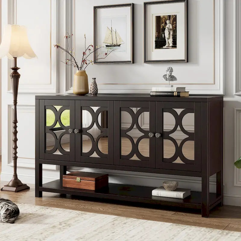 Elegant Retro Console Table/Storage Cabinet/Sideboard with Mirrored Doors, Spacious Shelves, and Durable Acacia Wood Legs