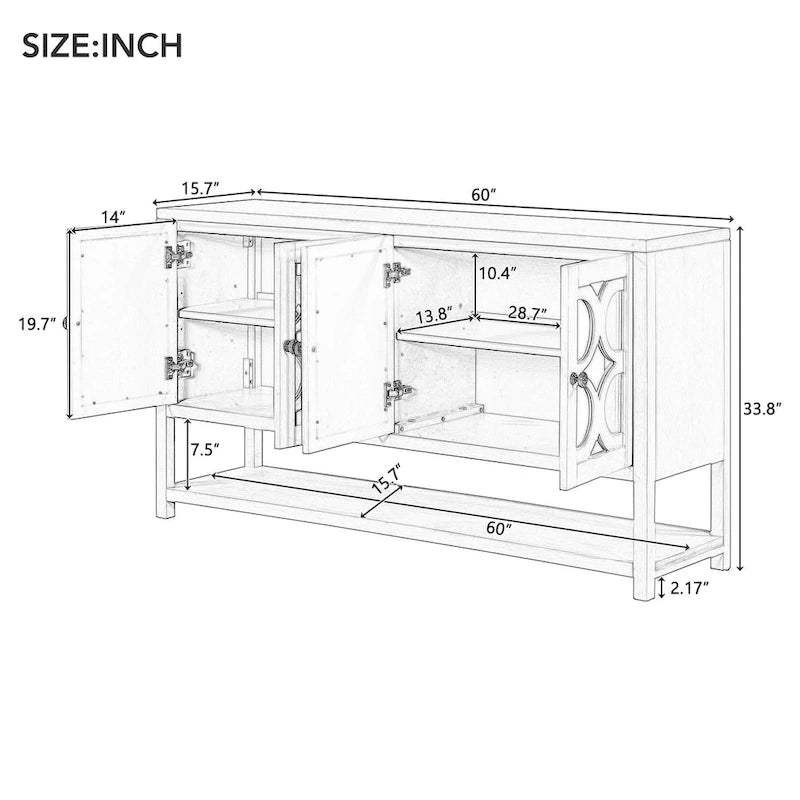 Elegant Retro Console Table/Storage Cabinet/Sideboard with Mirrored Doors, Spacious Shelves, and Durable Acacia Wood Legs