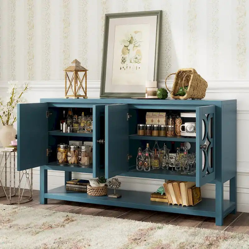 Elegant Retro Console Table/Storage Cabinet/Sideboard with Mirrored Doors, Spacious Shelves, and Durable Acacia Wood Legs