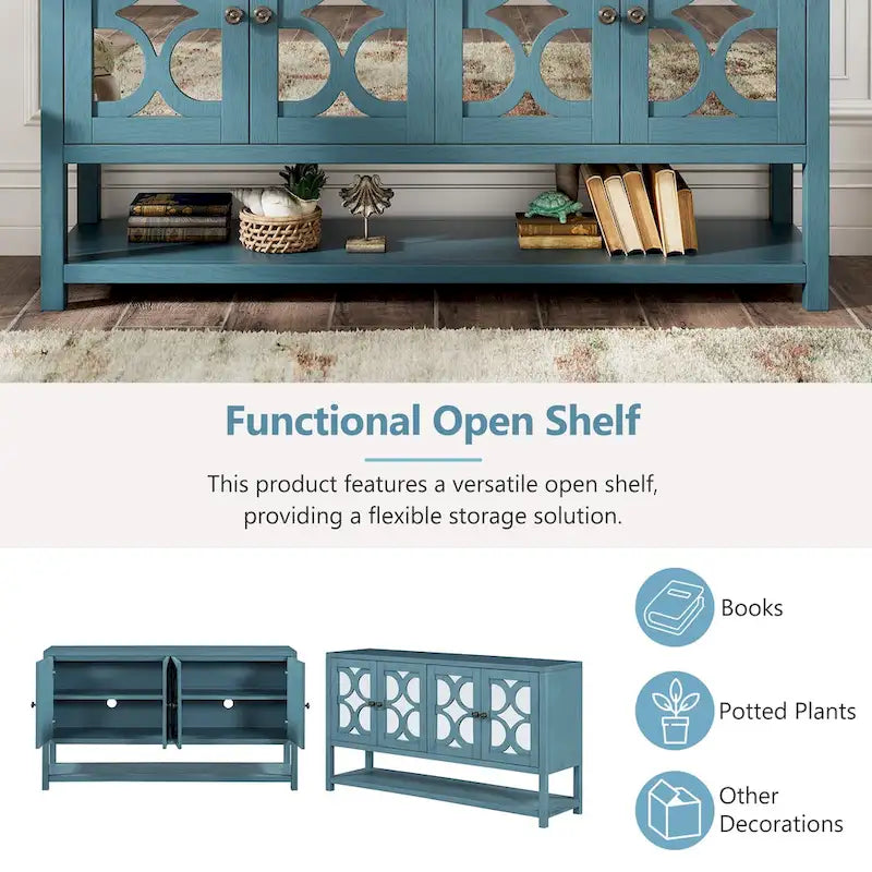 Elegant Retro Console Table/Storage Cabinet/Sideboard with Mirrored Doors, Spacious Shelves, and Durable Acacia Wood Legs