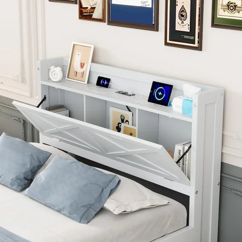 Storage Wooden Bed with Twin Size Trundle and Three Storage Drawers