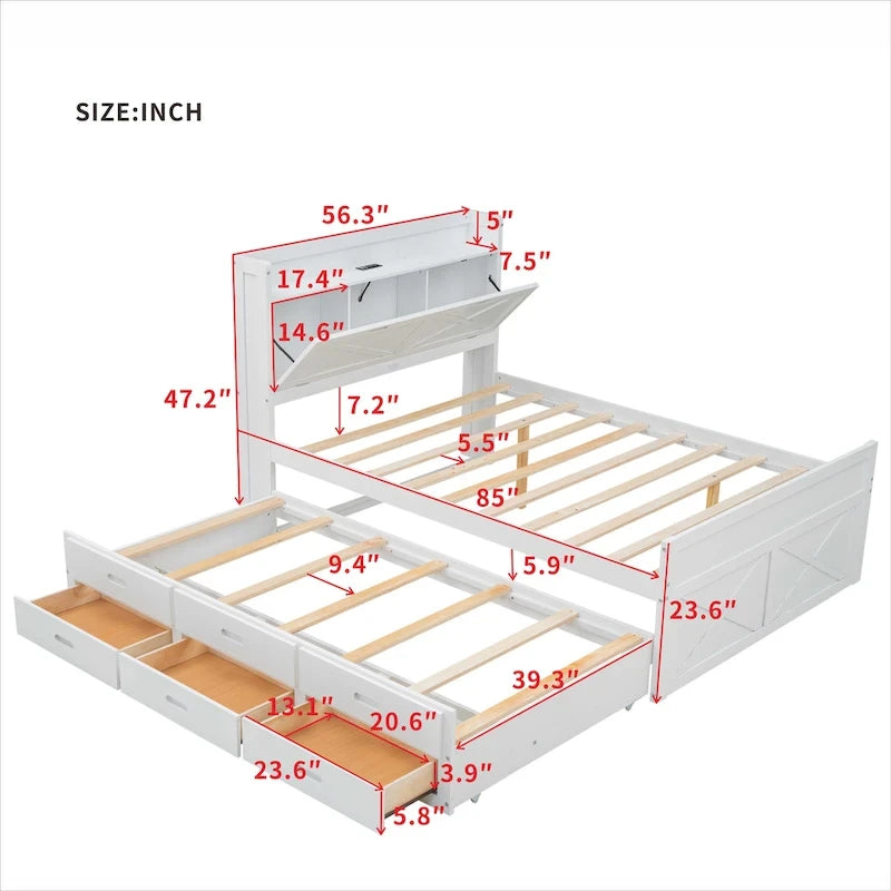 Storage Wooden Bed with Twin Size Trundle and Three Storage Drawers
