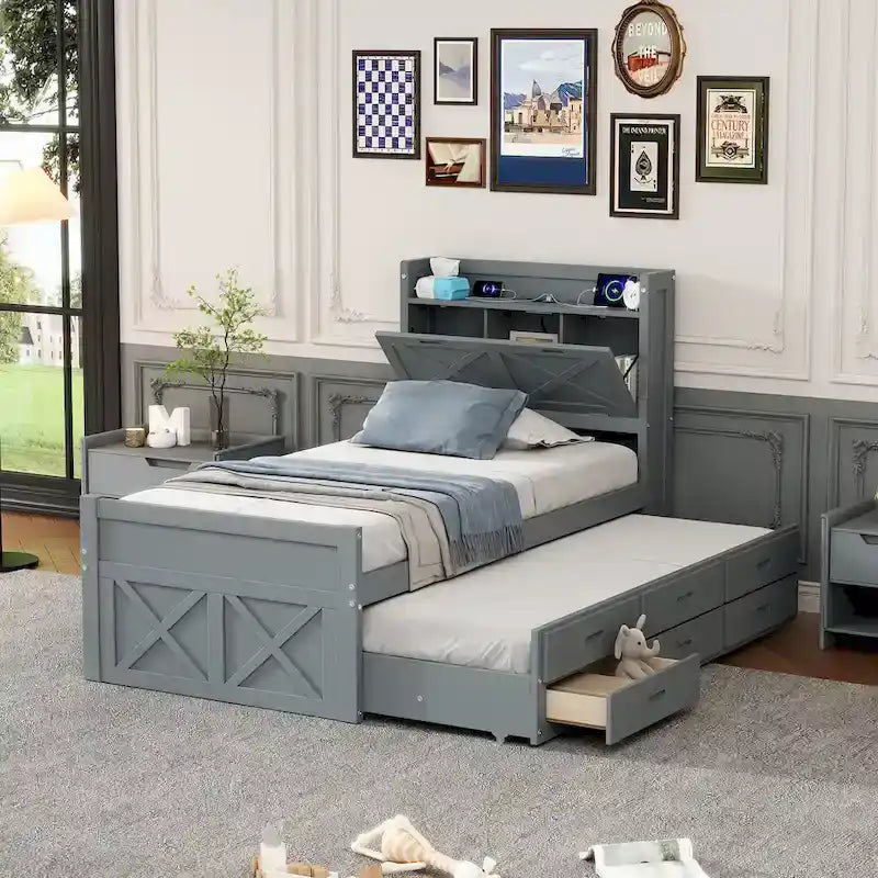 Storage Wooden Bed with Twin Size Trundle and Three Storage Drawers