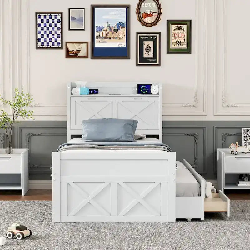 Storage Wooden Bed with Twin Size Trundle and Three Storage Drawers