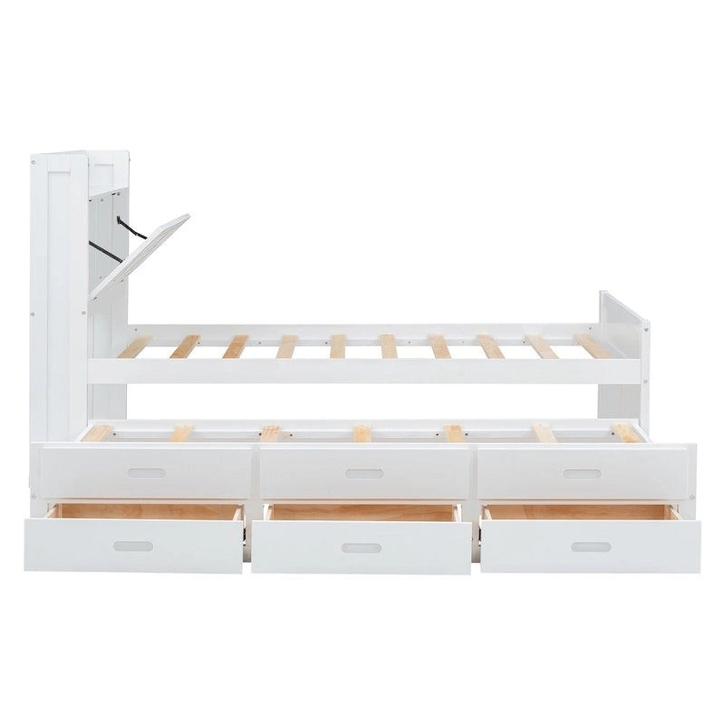 Storage Wooden Bed with Twin Size Trundle and Three Storage Drawers