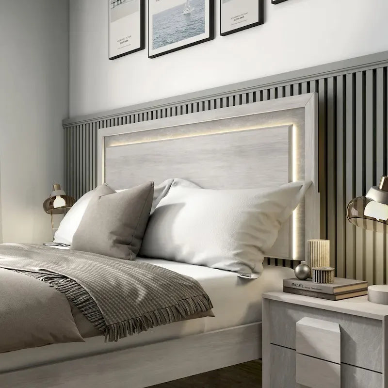 Furniture of America Jonnick Contemporary Washed White Panel Bed with LED Lighting