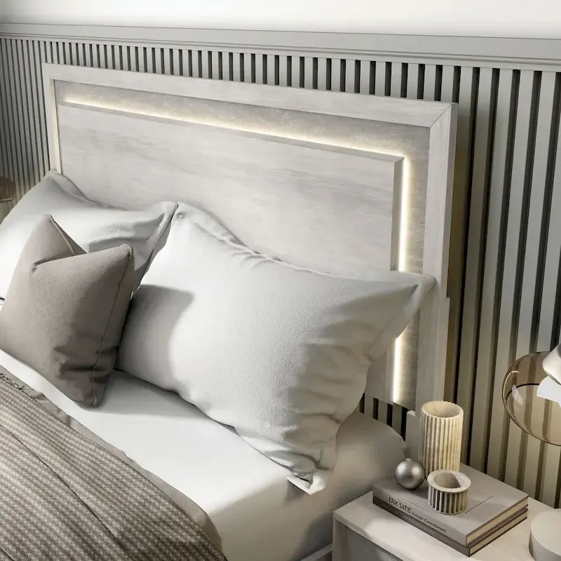 Furniture of America Jonnick Contemporary Washed White Panel Bed with LED Lighting