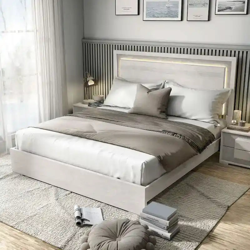 Furniture of America Jonnick Contemporary Washed White Panel Bed with LED Lighting