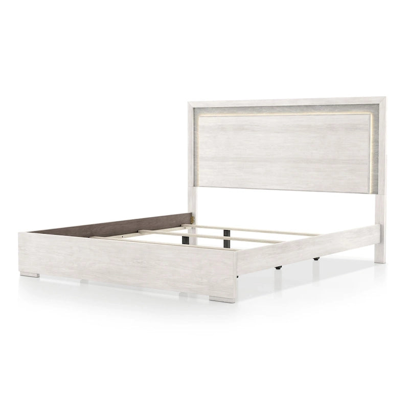 Furniture of America Jonnick Contemporary Washed White Panel Bed with LED Lighting