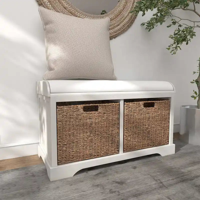 Wood Room Storage Bench with Brown Seagrass Baskets and Cushioned Seat - White - Roche River Decor