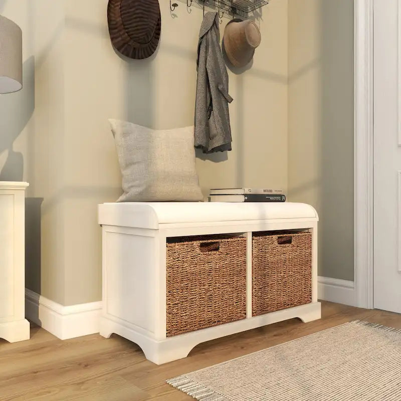 Wood Room Storage Bench with Brown Seagrass Baskets and Cushioned Seat - White - Roche River Decor