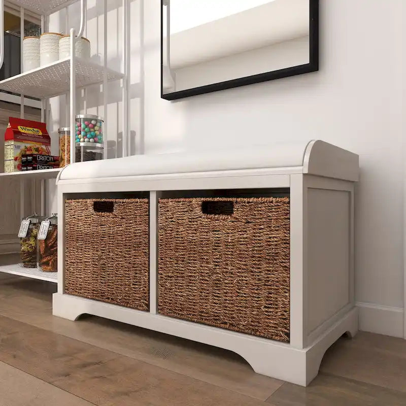 Wood Room Storage Bench with Brown Seagrass Baskets and Cushioned Seat - White - Roche River Decor
