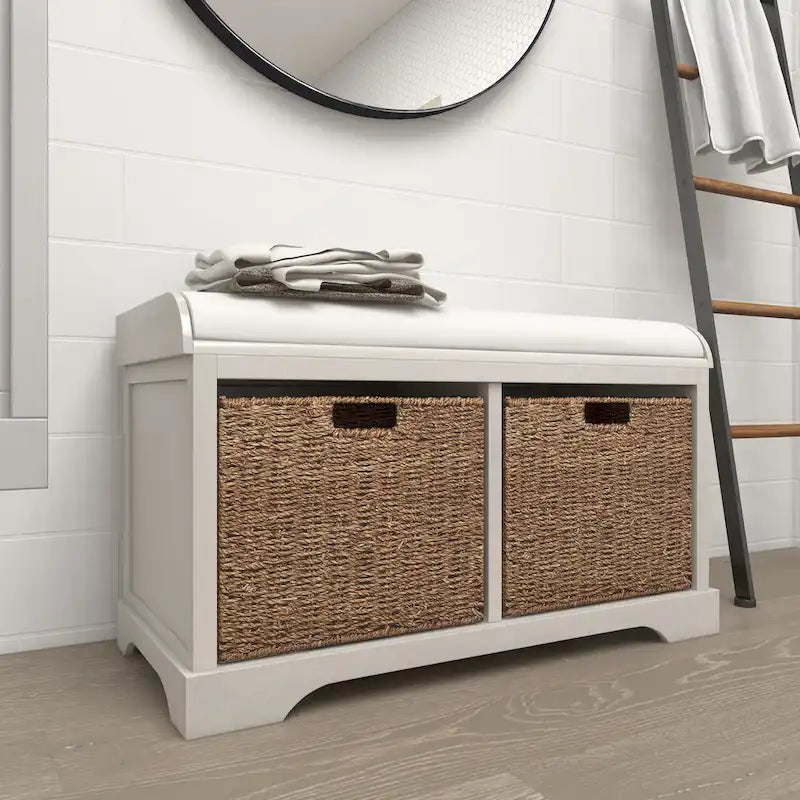 Wood Room Storage Bench with Brown Seagrass Baskets and Cushioned Seat - White - Roche River Decor