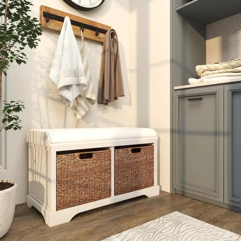 Wood Room Storage Bench with Brown Seagrass Baskets and Cushioned Seat - White - Roche River Decor