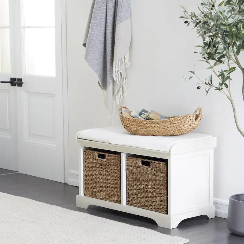 Wood Room Storage Bench with Brown Seagrass Baskets and Cushioned Seat - White - Roche River Decor