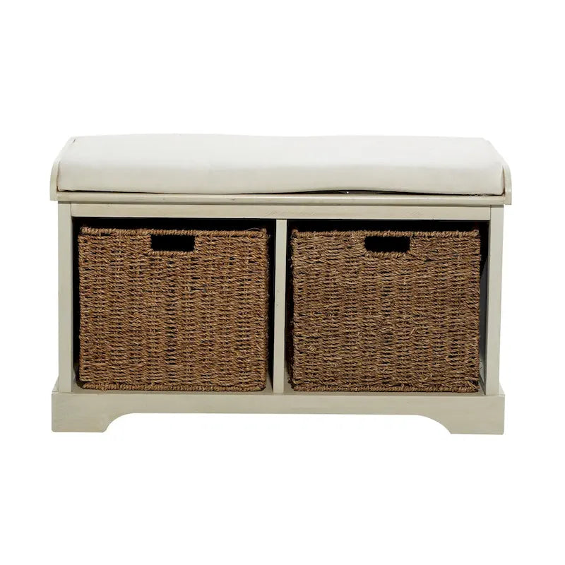 Wood Room Storage Bench with Brown Seagrass Baskets and Cushioned Seat - White - Roche River Decor