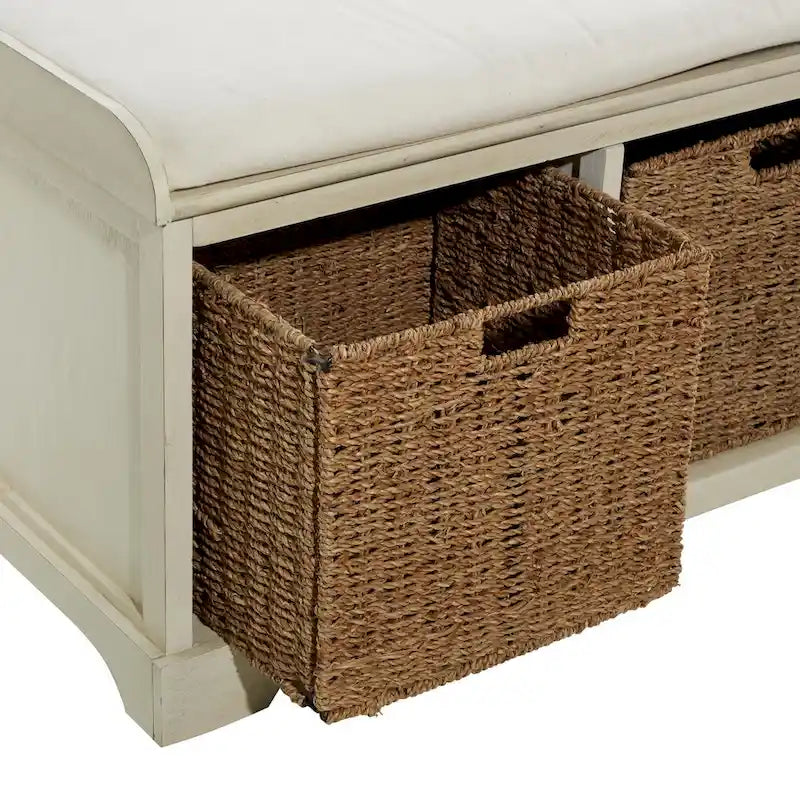 Wood Room Storage Bench with Brown Seagrass Baskets and Cushioned Seat - White - Roche River Decor