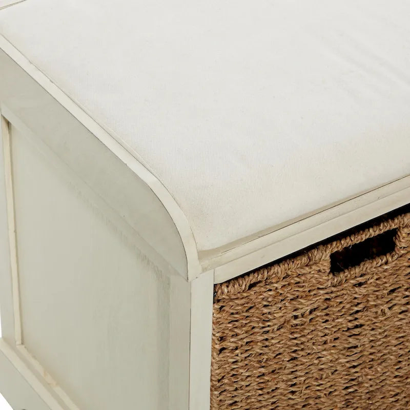 Wood Room Storage Bench with Brown Seagrass Baskets and Cushioned Seat - White - Roche River Decor