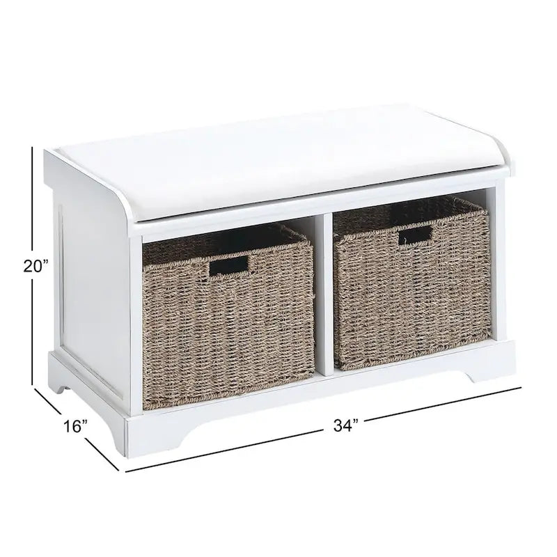 Wood Room Storage Bench with Brown Seagrass Baskets and Cushioned Seat - White - Roche River Decor