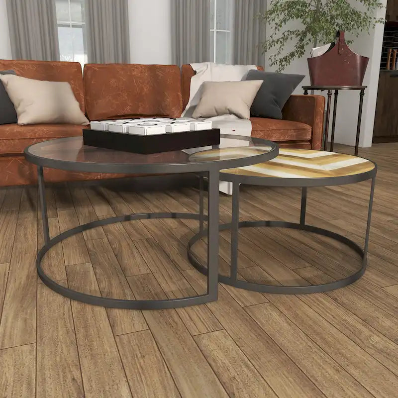 Wooden Nesting Living Room Coffee Table with Clear Glass Top - Set of 2 Gray - Roche River Decor