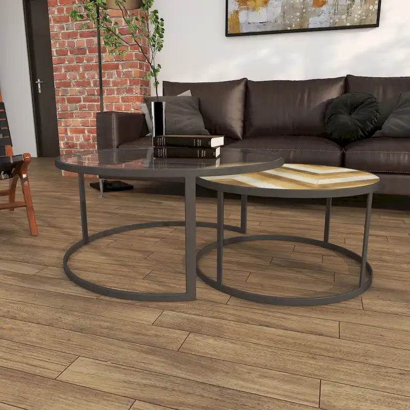 Wooden Nesting Living Room Coffee Table with Clear Glass Top - Set of 2 Gray - Roche River Decor