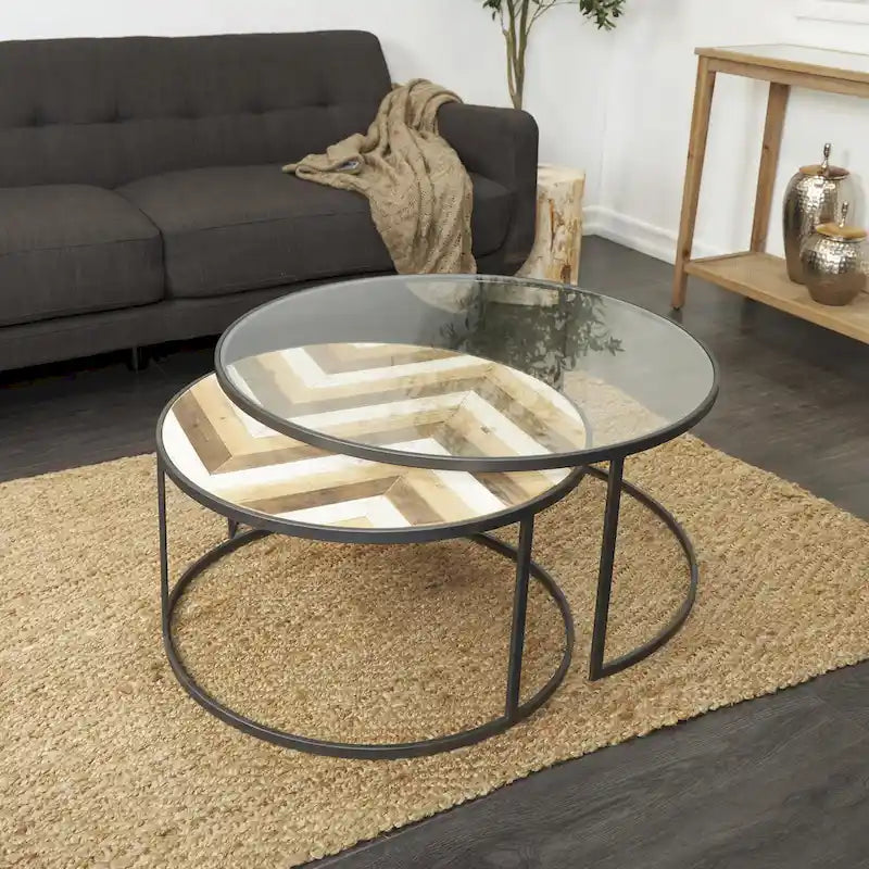 Wooden Nesting Living Room Coffee Table with Clear Glass Top - Set of 2 Gray - Roche River Decor