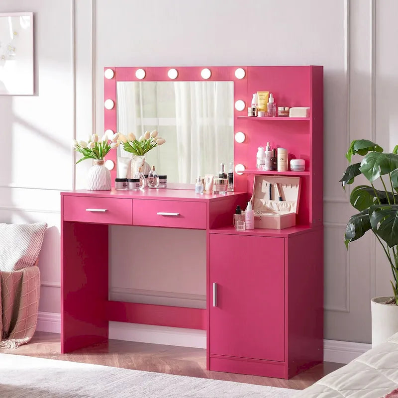Roomfitters Vanity Desk with Lighted Mirror, Dressing Table with 2 Drawers and Storage, Makeup Table with Open Storage