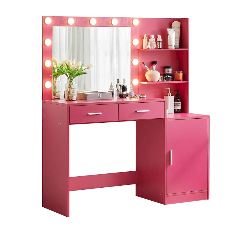 Roomfitters Vanity Desk with Lighted Mirror, Dressing Table with 2 Drawers and Storage, Makeup Table with Open Storage