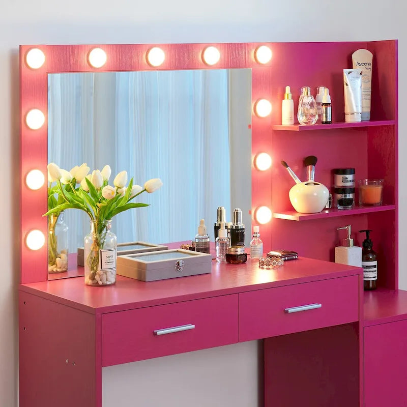 Roomfitters Vanity Desk with Lighted Mirror, Dressing Table with 2 Drawers and Storage, Makeup Table with Open Storage